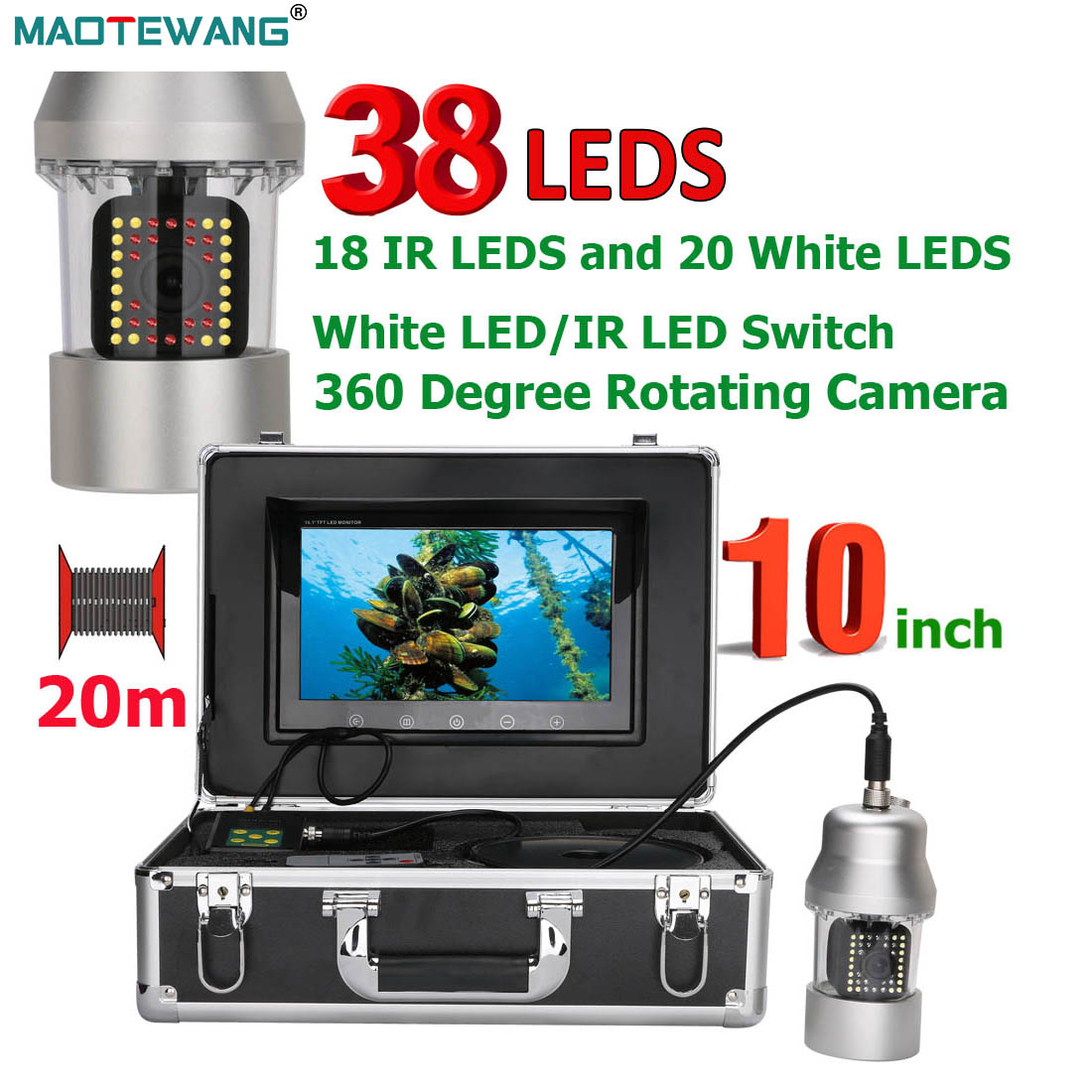 Fishing Depth Finder - Maotewang กล้องวีดีโอตกปลาใต้น้ำ10นิ้ว50เมตร100เมตรเหยื่อล่อปลา IP68กันน้ำ38 LEDs หมุนได้360องศา